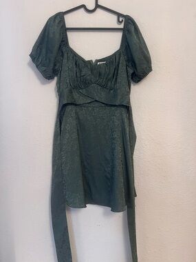 B. Darlin Olive Green Mini Dress with Off-Shoulder Sleeves (Imperfect Zipper)